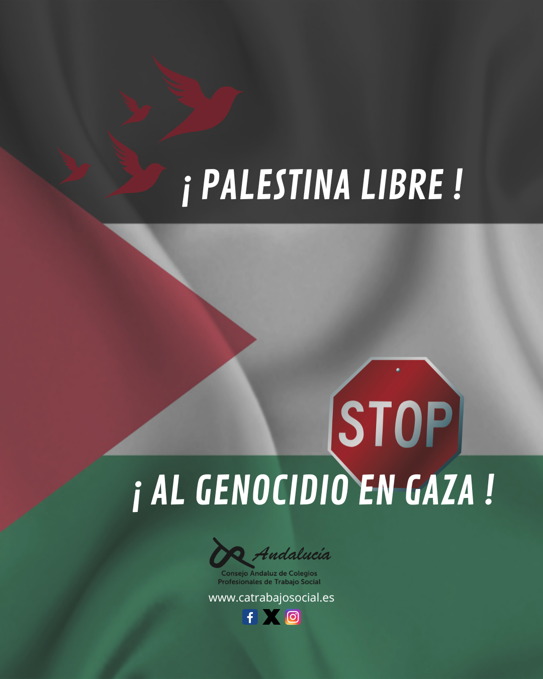 Desde el Consejo Andaluz de Colegios Profesionales y Oficiales de Trabajo Social iniciamos una campaña de visibilización y denuncia contra el genocidio en Gaza.